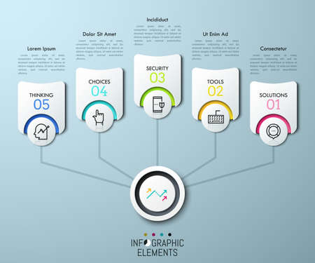 5 paper white elements, thin line icons and text boxes connected with main circle by lines.のイラスト素材