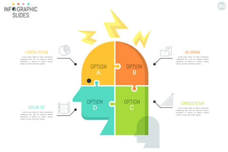 Minimalist infographic design template. Human head divided into 4 multicolored jigsaw puzzle pieces connected with pictograms and text boxes.のイラスト素材
