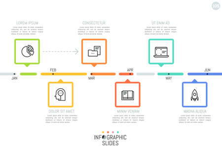 Horizontal timeline with month indication, 6 rectangular elements with pointers, linear pictograms and text boxes.のイラスト素材