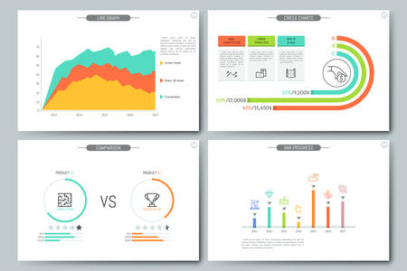 Minimal infographic brochure template. Pages with comparison diagram, line graph, bar progress and circular chart elements.のイラスト素材