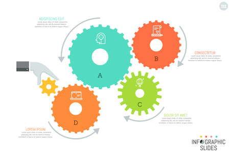 4 gear wheels with icons inside, arrows showing direction of their movement, hand that causes motion of mechanism and text boxes.のイラスト素材