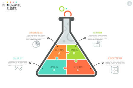 Jigsaw puzzle in shape of flask divided into 4 pieces. Simple infographic design template. Science, scientific study, research and development concept.のイラスト素材