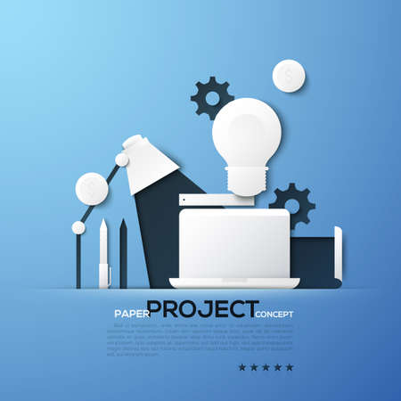 Project paper concept. Laptop, table lamp, light bulb, gear wheels, dollar coins, ruler, pen and pencil. Creative elements in minimal style.のイラスト素材