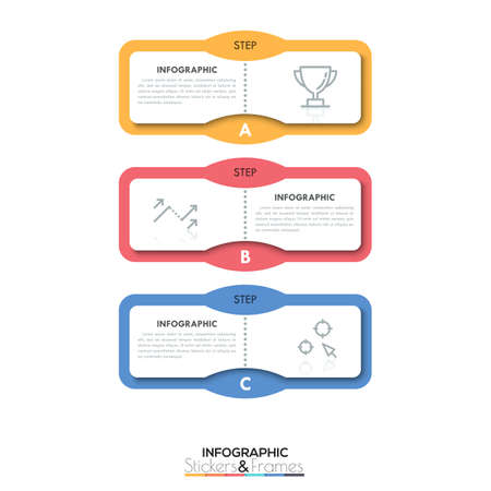 Three multicolored rectangular elements with text boxes and thin line symbols inside, 3 steps of development process concept. Minimalist infographic design template. Vector illustration for brochure.のイラスト素材