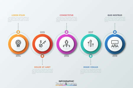 Horizontal timeline with 5 circular elements, pictograms inside, line curved around them, year indication, text boxes. Realistic infographic design layout.のイラスト素材