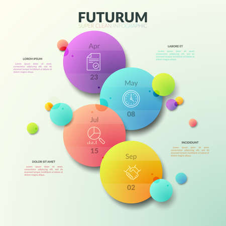Four separate multicolored circles with thin line pictograms and date indication inside. Business planner concept. Modern infographic design template.のイラスト素材