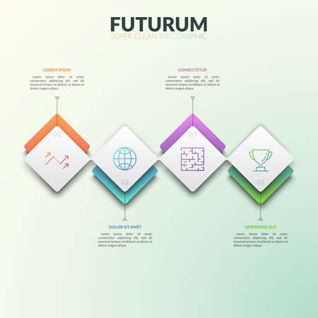 Four successively connected rectangular elements with numbers, thin line icons and text boxes. Project development steps concept.のイラスト素材