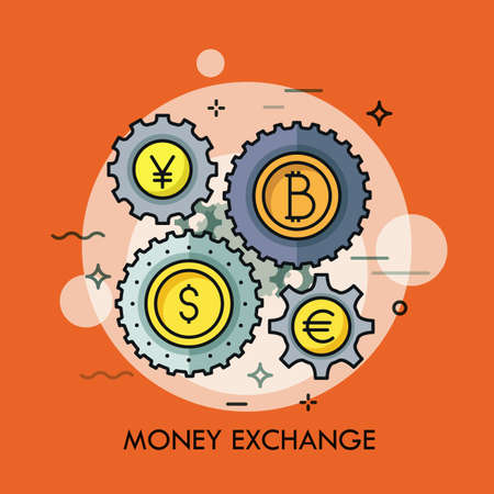 Gear wheels with coins of different currencies in center. Money, international financial market and exchange rates concept. Vector illustration for banner, brochure, presentation, poster, print.のイラスト素材