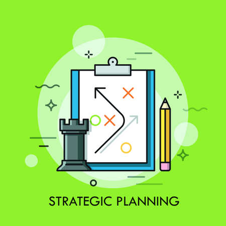 Rook chess piece, pencil and strategic plan drawn on paper sheet. Planning of business strategy and future development, defining of organizational process concept. Vector illustration for website.のイラスト素材