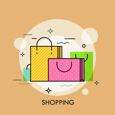 Colorful paper shopping bags with handles. Concept of buying goods, sales and discounts, online and offline commerce, internet retail. Creative vector illustration for banner, website, advertisement.のイラスト素材