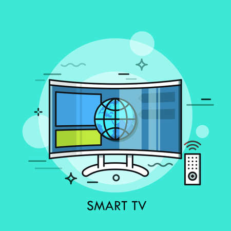 Hybrid or smart TV displaying content from website. Concept of television set with internet connection, modern technology or technological convergence. Vector illustration for web banner, poster.のイラスト素材