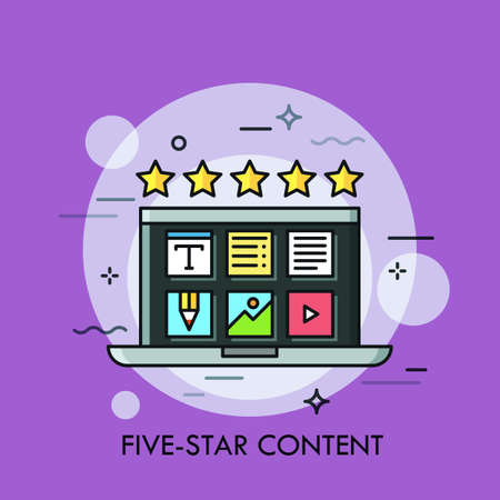 Laptop with desktop application icons on screen and five golden stars. Concept of high quality content creation, positive review, online rating. Creative vector illustration for website, web banner.のイラスト素材