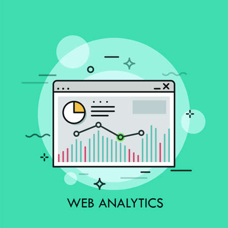 Diagram, bar chart and linear graph inside browser window. Concept of web analytics, internet tool for statistical analysis, online statistics. Colorful vector illustration for banner, website.のイラスト素材
