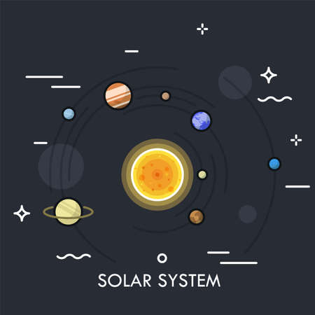 Planets orbiting Sun. Concept of Solar or planetary system. Gravitationally bound celestial bodies in outer space. Colorful vector illustration in thin line style for poster, website, banner.のイラスト素材