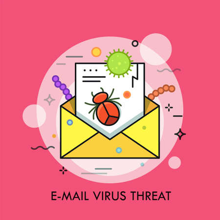 Dangerous bacterias, microbes, germs and insects appearing from opened yellow envelope. Concept of e-mail virus threat or danger, internet safety. Modern vector illustration for application, website.のイラスト素材