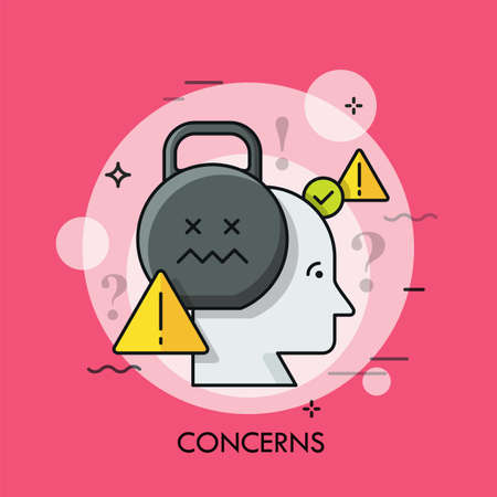 Human head, kettlebell and warning signs. Concept of concern, anxiety, worry, trouble, disturbance, unrest, psychological problem. Colorful vector illustration in thin line style for banner, websiteのイラスト素材