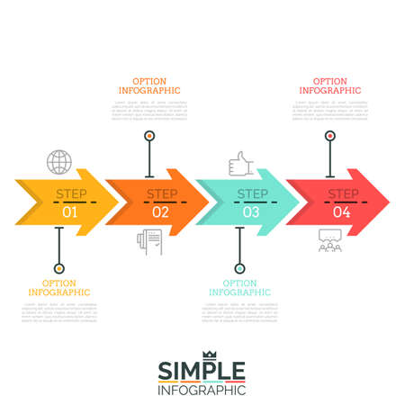 Four numbered arrows successively connected into horizontal line, pictograms and text boxes. Step-by-step manual visualization concept. Minimalistic infographic design template. Vector illustration.のイラスト素材
