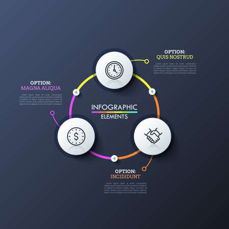 Three white circles with linear icons inside connected by bright lines and play buttons. Modern infographic design layout. Concept of website interface element with 3 options. Vector illustration.のイラスト素材