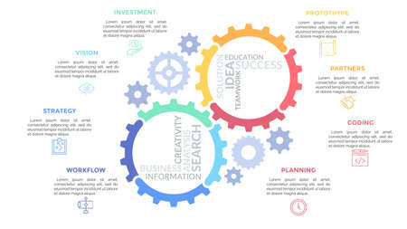 Gear wheels consisted of multicolored parts and surrounded by thin line pictograms and text boxes. Concept of mechanical process organization. Simple infographic design template. Vector illustration.のイラスト素材