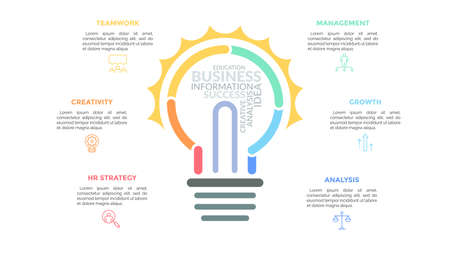 Glowing light bulb drawn with thick colorful lines surrounded by linear symbols and text boxes. Concept of creativity and idea realization. Minimal infographic design template. Vector illustration.のイラスト素材