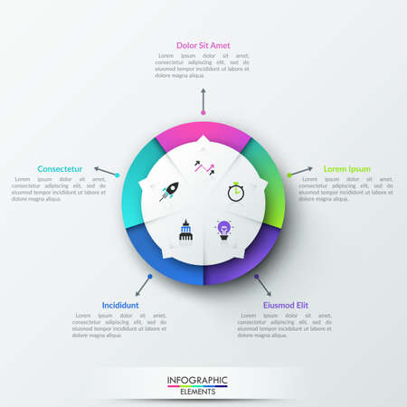 Circular pie chart divided into 5 parts with thin line symbols and arrows pointing at text boxes. Round pointer, website interface element. Modern infographic design template. Vector illustration.の写真素材