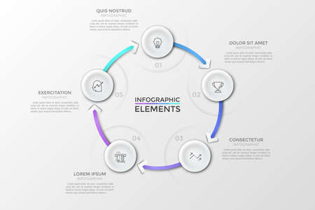 Circular chart with 5 numbered round paper white elements connected by arrows and text boxes. Concept of production cycle with four steps. Creative infographic design template. Vector illustration.の写真素材