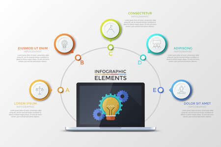 Laptop with light bulb and gear wheels on screen surrounded by 5 colorful round elements with thin line icons inside. Concept of five successive steps of project development. Vector illustration.の写真素材