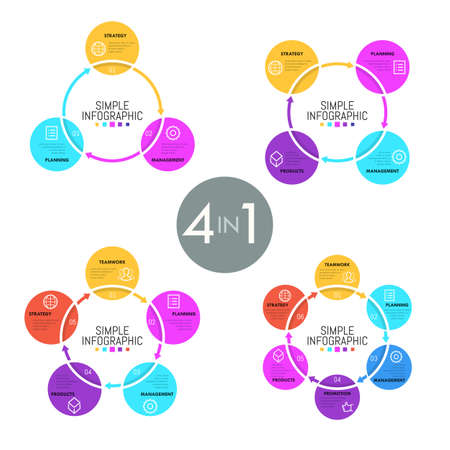 Collection of ring-like diagrams with colorful flat round elements, thin line icons and text boxes. Concept of cyclic business process. Simple infographic design template. Vector illustration.の写真素材