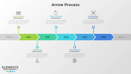 Horizontal stripe or timeline divided into arrow-like parts with year indication inside. Concept of annual development of company. Infographic design template. Vector illustration for presentation.の写真素材