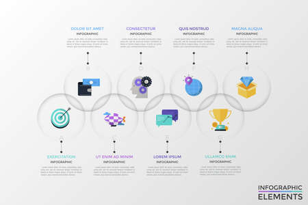 Eight translucent circular elements with colorful flat symbols inside organized into two intersected horizontal rows. Concept of 8 options to choose. Infographic design template. Vector illustration.の写真素材