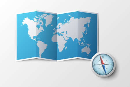 Paper clean world geographic map and magnetic compass. Concept of tourism, travel, adventure, navigation, cartography, geography. Editable modern vector illustration for banner, poster, website.のイラスト素材
