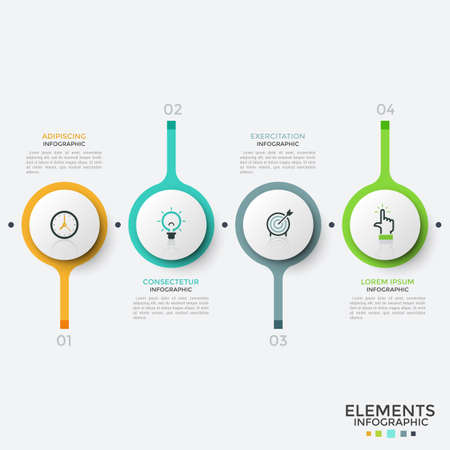 Four numbered circular elements with thin line symbols inside arranged into horizontal row. Concept of 4 steps of business development. Unique infographic design template. Vector illustration.のイラスト素材