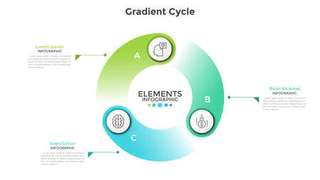Gradient colored cyclical diagram with 3 round elements, thin line symbols, letters and text boxes. Concept of production cycle visualization. Modern infographic design template. Vector illustration.のイラスト素材