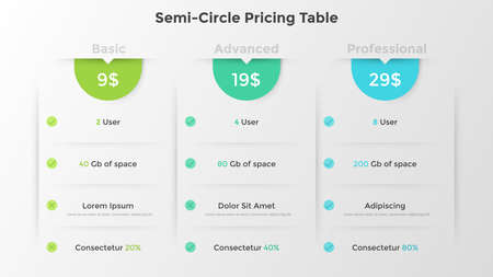 Three paper white rectangular check lists with price and features of subscription plans. Creative infographic design template. Vector illustration for online data storage or cloud service website.のイラスト素材