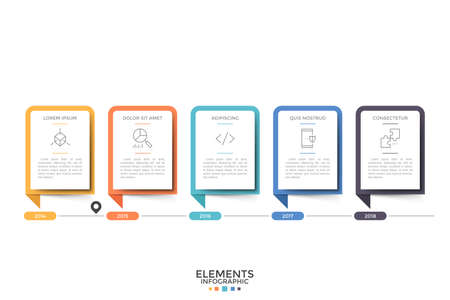 Horizontal timeline. Five paper white rectangular elements or cards with thin line symbols, heading and information inside and year indication. Modern infographic design template. Vector illustration.のイラスト素材