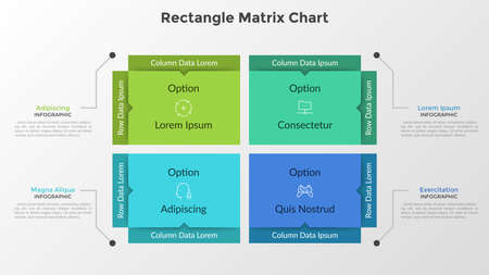 Rectangle matrix chart. Four rectangular elements with thin line pictograms inside and text boxes. Concept of relationship between 4 variables. Modern infographic design template. Vector illustration.のイラスト素材