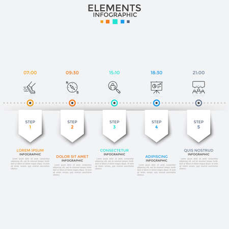 Horizontal timeline with five arrow-like paper white elements, linear icons, time indication and text boxes. Concept of 5-stepped process. Infographic design template. Vector illustration for report.のイラスト素材