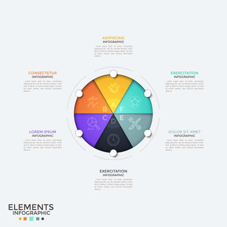 Circular diagram divided into 6 colorful pieces with letters and linear icons inside, text boxes. Concept of six characteristics of business project. Infographic design template. Vector illustration.のイラスト素材