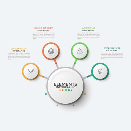Four paper white round elements with thin line icons inside connected to main circle. Concept of flowchart with 4 options to choose. Infographic design template. Vector illustration for brochure.のイラスト素材