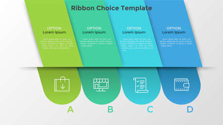 Four diagonal colorful stripes or ribbons with linear icons and place for text inside. Concept of comparison of 4 business options. Infographic design template. Vector illustration for presentation.のイラスト素材