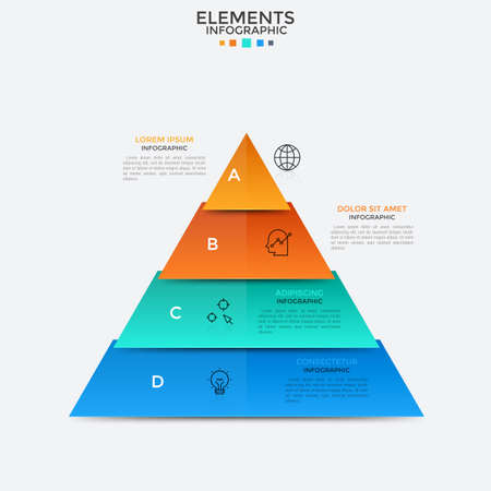 Triangular chart divided into 4 colorful parts with thin line pictograms and text boxes. Concept of hierarchy structure with four levels. Creative infographic design template. Vector illustration.のイラスト素材