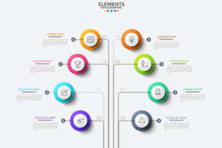 Eight round elements with thin line pictograms inside and text boxes arranged into tree diagram. Concept of 8 business options. Modern infographic design template. Vector illustration for brochure.のイラスト素材