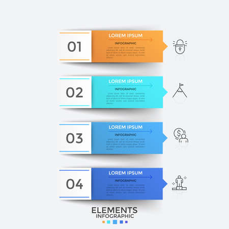 Four numbered colorful rectangular elements or pointers with thin line icons and place for text inside arranged into vertical row or list. Modern infographic design template. Vector illustration.のイラスト素材