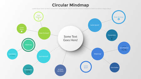 Mind map with round elements connected by coloful lines. Concept of schematic representation of information, data visualization. Infographic design template. Vector illustration for presentation.のイラスト素材