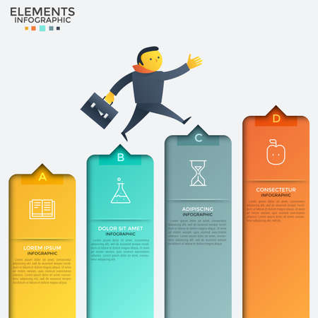 Cartoon man dressed in business suit climbing up stairs or ascending columns of bar chart. Concept of growth and progressive development. Creative infographic design template. Vector illustration.のイラスト素材