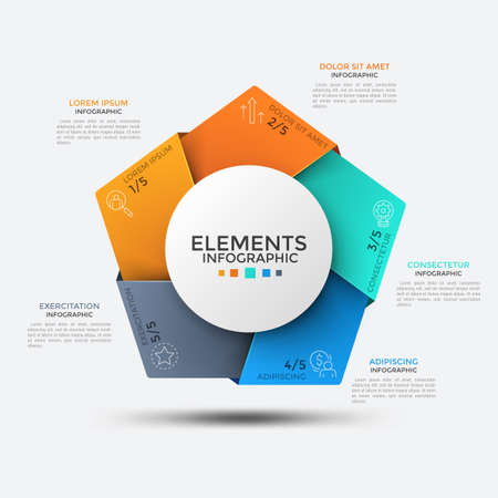 Five colorful angles with thin line symbols inside placed around round element in center. Concept of 5 portions or pieces of whole. Creative infographic design template. Vector illustration.の写真素材