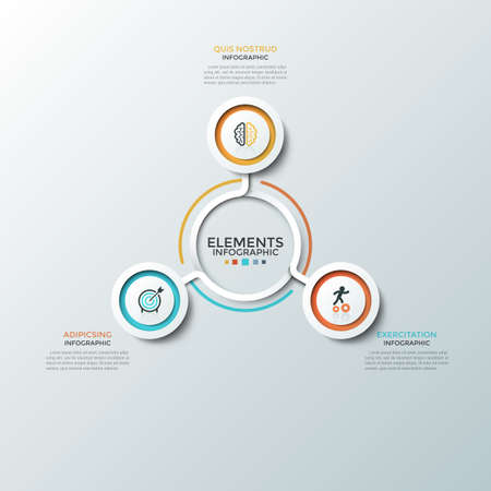 Round chart. Three paper white circular elements with colorful frames and flat symbols inside placed around center. Concept of 3 business options. Infographic design template. Vector illustrationの写真素材