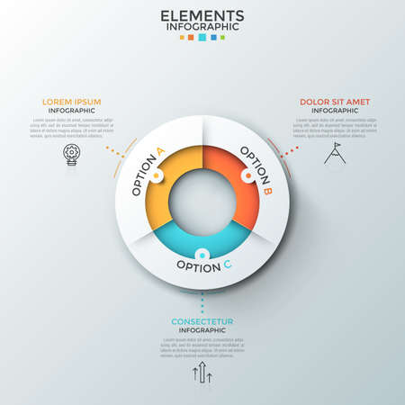 Round paper white diagram divided into 3 colorful sectors, linear icons and text boxes. Concept of three choice options. Clean infographic design template. Vector illustration for presentation.の写真素材