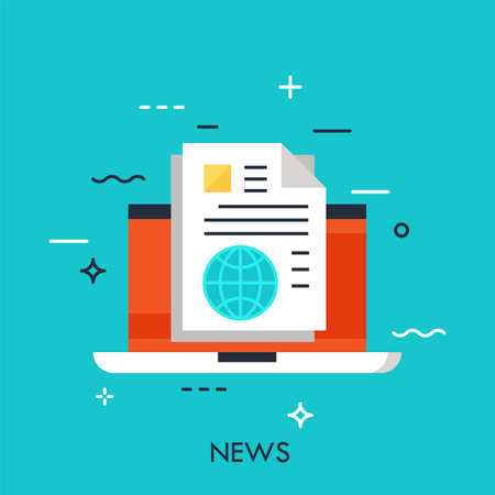 Laptop and paper sheets with globe in front of it. Modern flat design e-news concept. Abstract Vector illustration for website banners, easy to edit, customize and resize.のイラスト素材