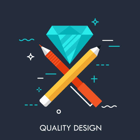 Pen, pen and diamond flat design banner. Concept of quality, creative thinking, original idea generation, artistic work. Vector illustration for web banner, website, poster, advertisement.のイラスト素材